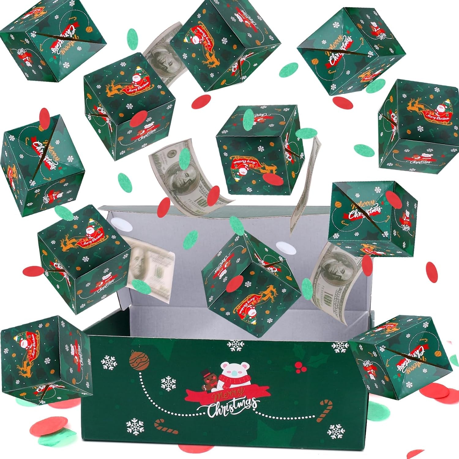 Christmas Surprise Gift Box Explosion for Money, Christmas Explosion Gift Box with Confetti, Surprise Pop up Money Box for Merry (Green)