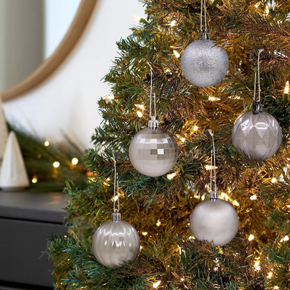 Silver Christmas Ball Ornaments, Set of 24 Christmas Baubles, Shatterproof