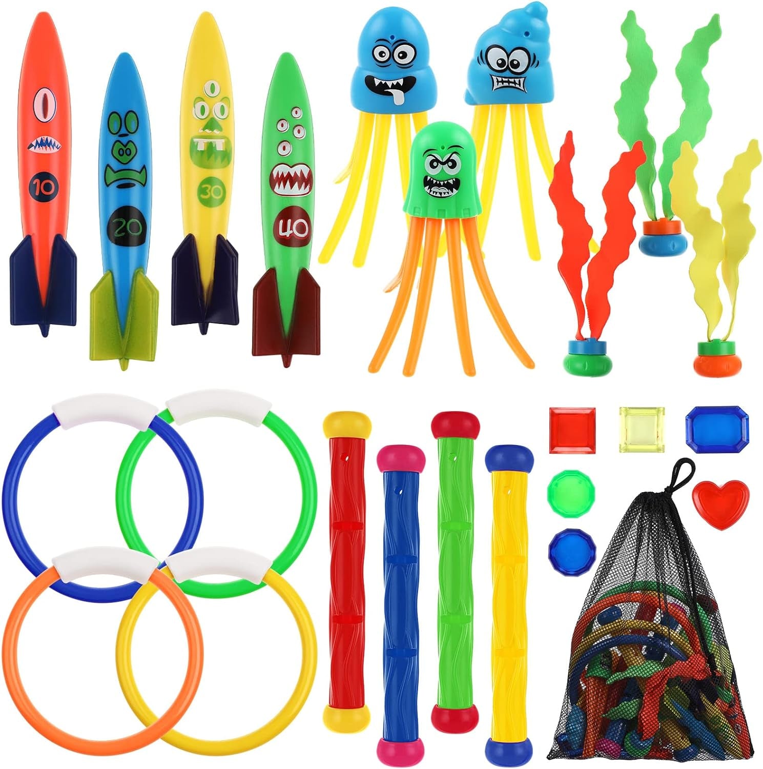 Diving Pool Toys Set, 24 Pcs Underwater Toys Swimming Treasure Game Toys for Kids and Dogs with Storage Bag