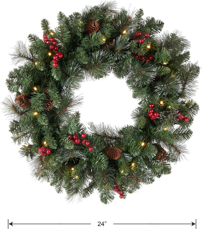 Pre-Lit Artificial Christmas Wreath, Green, Crestwood Spruce, White Lights, Decorated with Pine Cones, Berry Clusters, Frosted Branches, Christmas Collection, 36 Inches