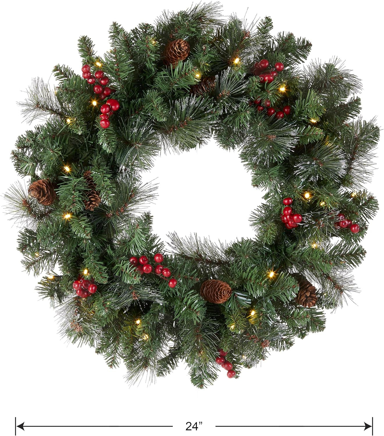 Pre-Lit Artificial Christmas Wreath, Green, Crestwood Spruce, White Lights, Decorated with Pine Cones, Berry Clusters, Frosted Branches, Christmas Collection, 24 Inches