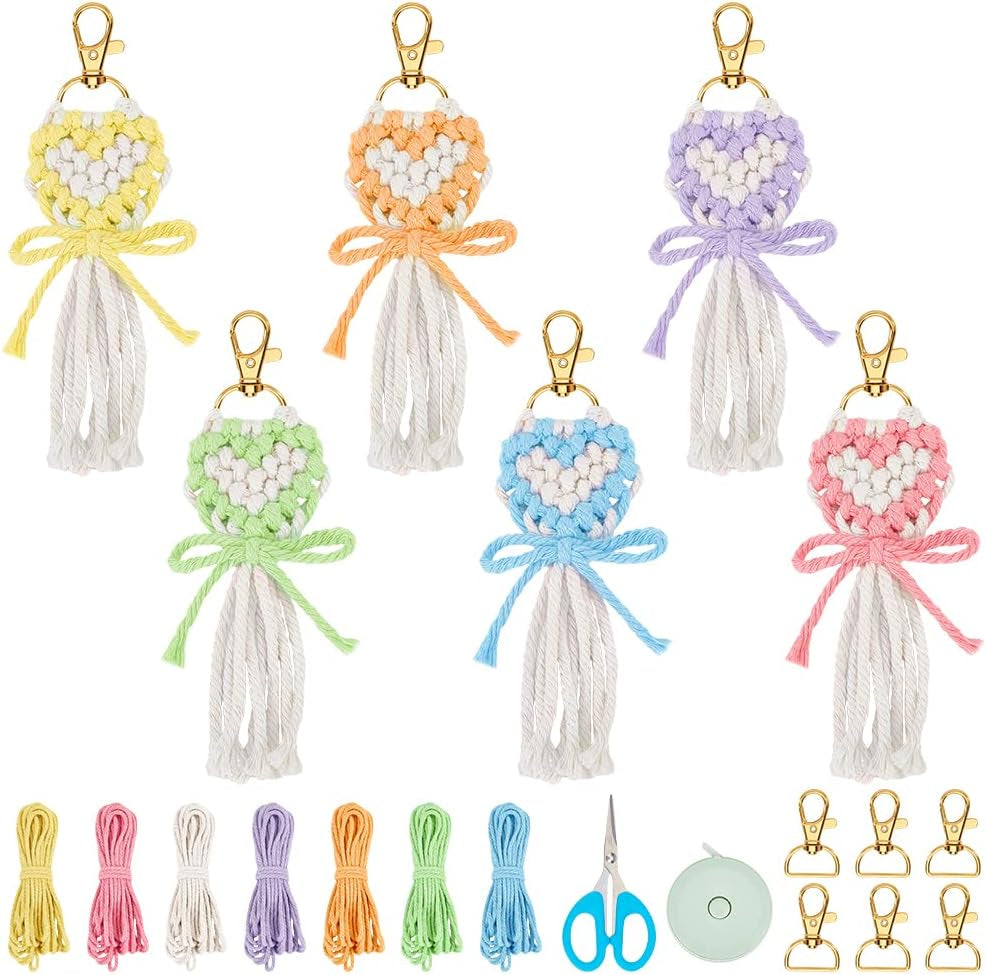 8 Set DIY Macrame Wristlet Keychain Kits for Adults Colorful Macrame Cord Knotting Kit Boho Mini Macrame Tassel Keychain with Instruction + Video for Car Key Purse Phone Wallet Charm