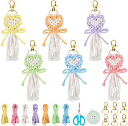 8 Set DIY Macrame Wristlet Keychain Kits for Adults Colorful Macrame Cord Knotting Kit Boho Mini Macrame Tassel Keychain with Instruction + Video for Car Key Purse Phone Wallet Charm