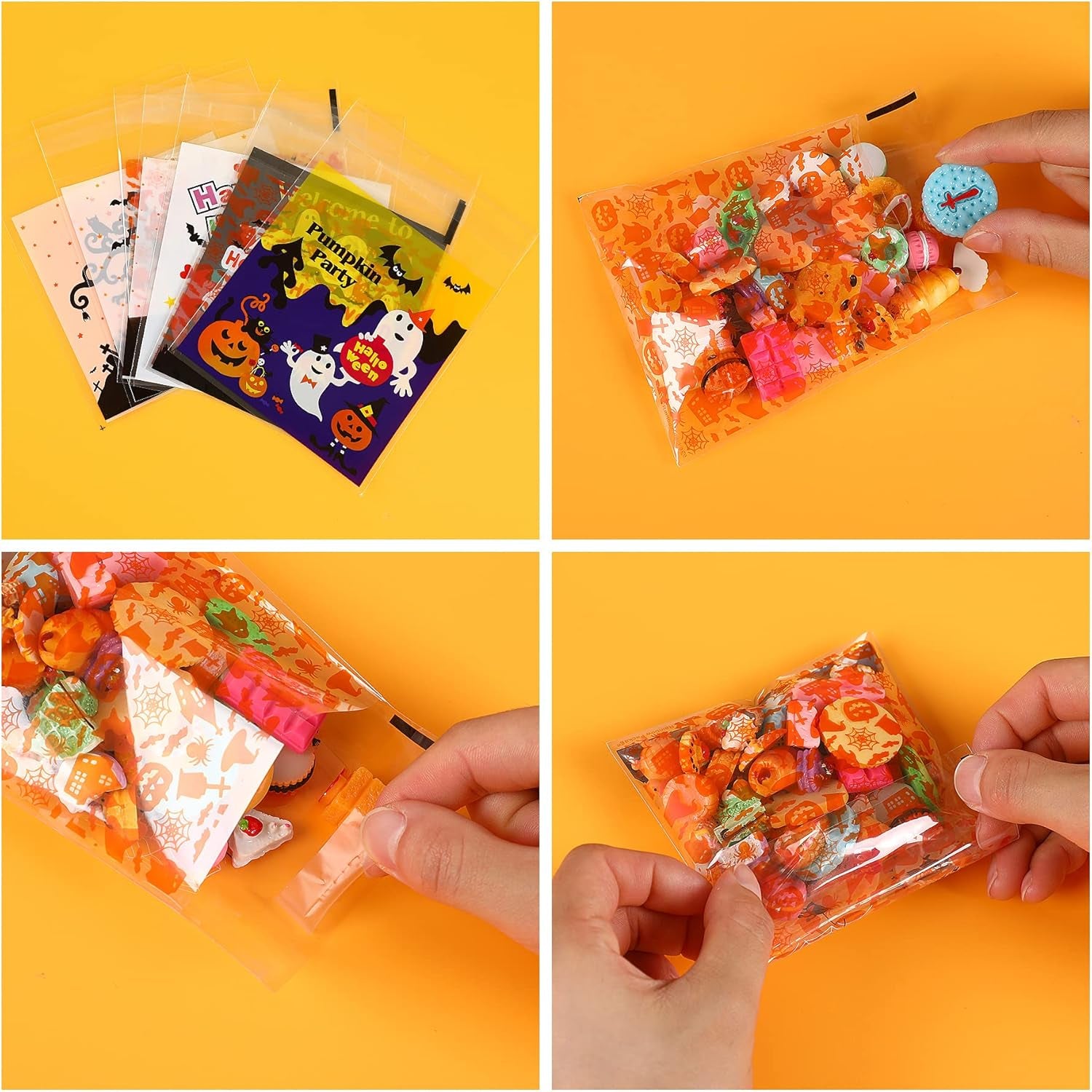 450Pcs Halloween Candy Bags, 9 Styles Self Adhesive Trick Candy Bag Cellophane Cookie Bags for Halloween Trick or Treat Goodie Ziplock Bags Party Favor