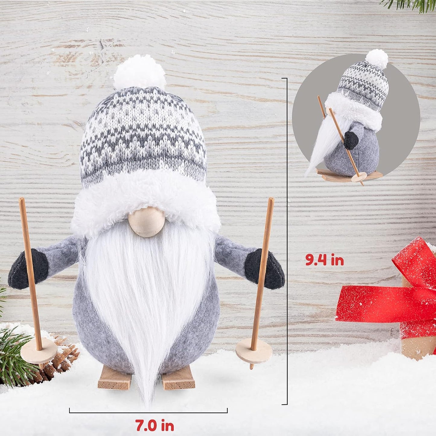 2Pack Sled Christmas Gnomes Plush with Wood Skis and Ski Poles, Handmade Swedish Tomte Santa Scandinavian Figurine Nordic Plush Elf Doll Gnome Ornaments Christmas Decorations Home Decor