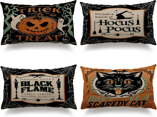 Halloween Pillow Covers 12X20 Inch Set of 4 Halloween Decorations Hocus Pocus Farmhouse Saying Decoration Outdoor Pillow Cases Black Orange Throw Pillow Covers Decor for Sofa Bed Outdoor Car