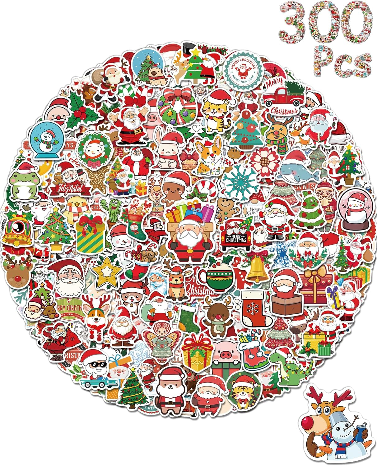 300 Pcs Christmas Stickers for Kids Classroom, Christmas Party Favors, Cute Christmas Water Bottle Stikers Bulk, Christmas Vinyl Holiday Stickers for Kids Classroom Pack