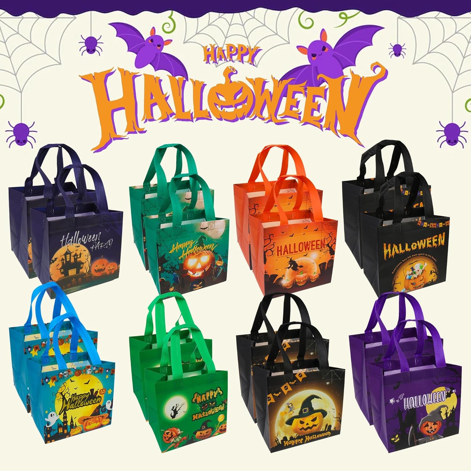 Halloween Trick or Treat Bags, Halloween Candy Tote Bags with Handles, Reusable Halloween Non-Woven Gift Bags for Halloween Party Supplies Favors