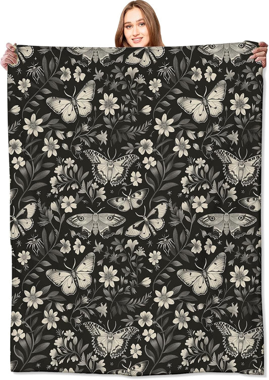 Vintage Moth Blanket Classic Black White Goth Floral Flower Throw Blankets Gifts for Men Women Lightweight Soft Fleece Cozy for Sofa Couch Bed Room Travel Birthday Party Decor 40X50In