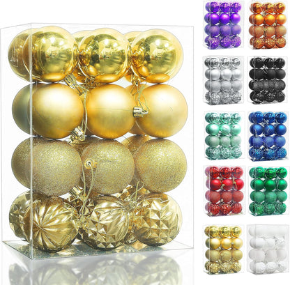 Christmas Ball Ornaments, 24 Ct Pre-Strung Xmas Tree Decorations, Holiday Hanging Balls Golden 2.36"