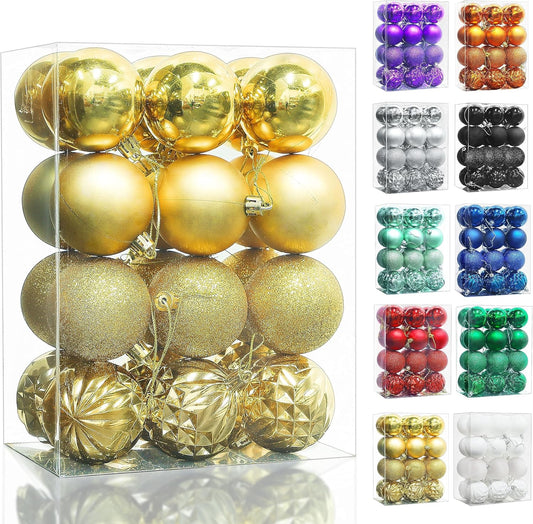 Christmas Ball Ornaments, 24 Ct Pre-Strung Xmas Tree Decorations, Holiday Hanging Balls Golden 2.36"