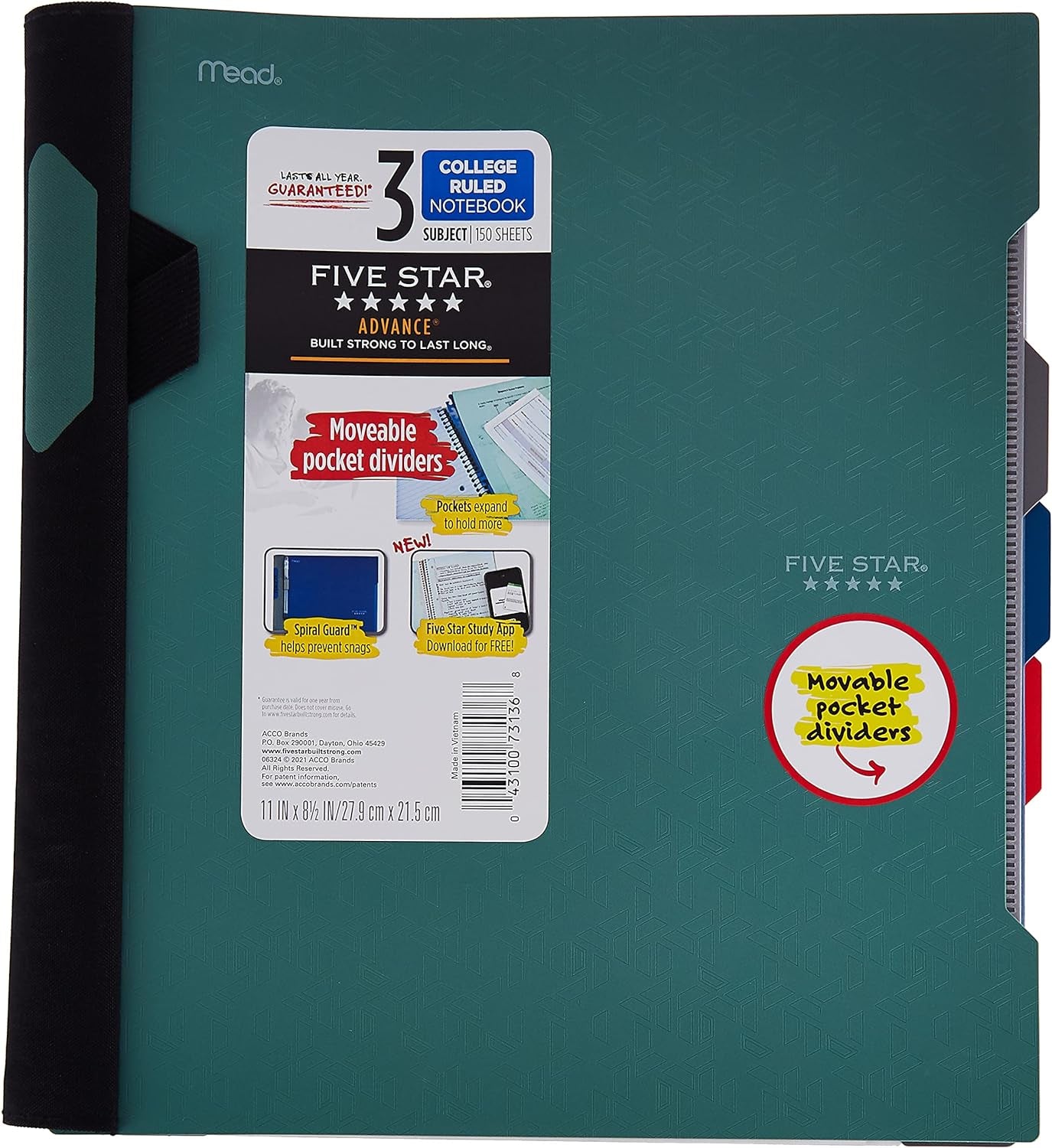 Advance Spiral Notebook + Study App, 3 Subject, College Ruled Paper, 8-1/2" X 11", 150 Sheets, Spiral Guard, Movable Tabbed Dividers and Pockets, Blue (73138)