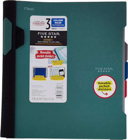 Advance Spiral Notebook + Study App, 3 Subject, College Ruled Paper, 8-1/2" X 11", 150 Sheets, Spiral Guard, Movable Tabbed Dividers and Pockets, Blue (73138)