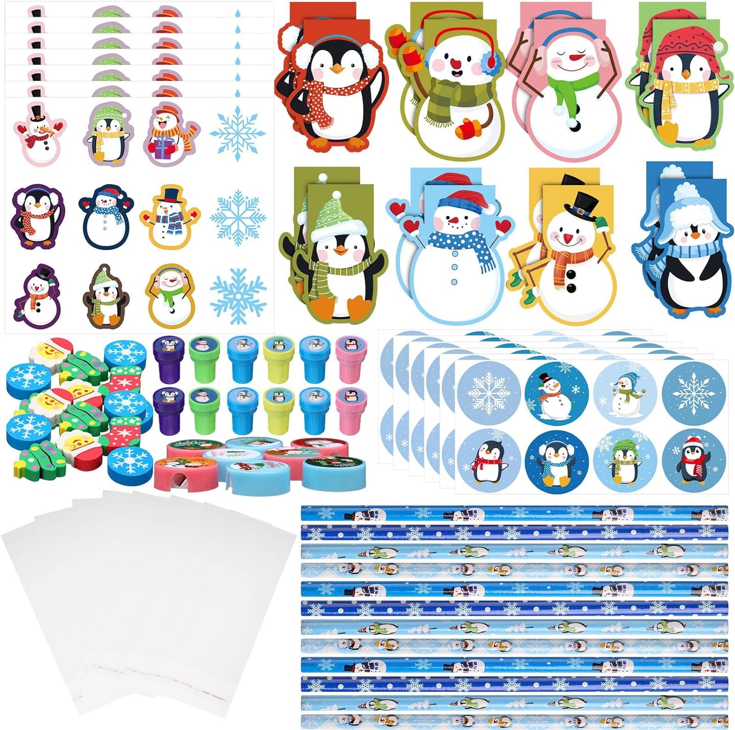 192 Pieces Christmas School Stationery Set Xmas Classrooms Exchange Stationery Gifts Party Favors Class Reward Prizes Notebooks Pencils Sharpener Erasers Stickers Stamps for Party Supplies (Snow)