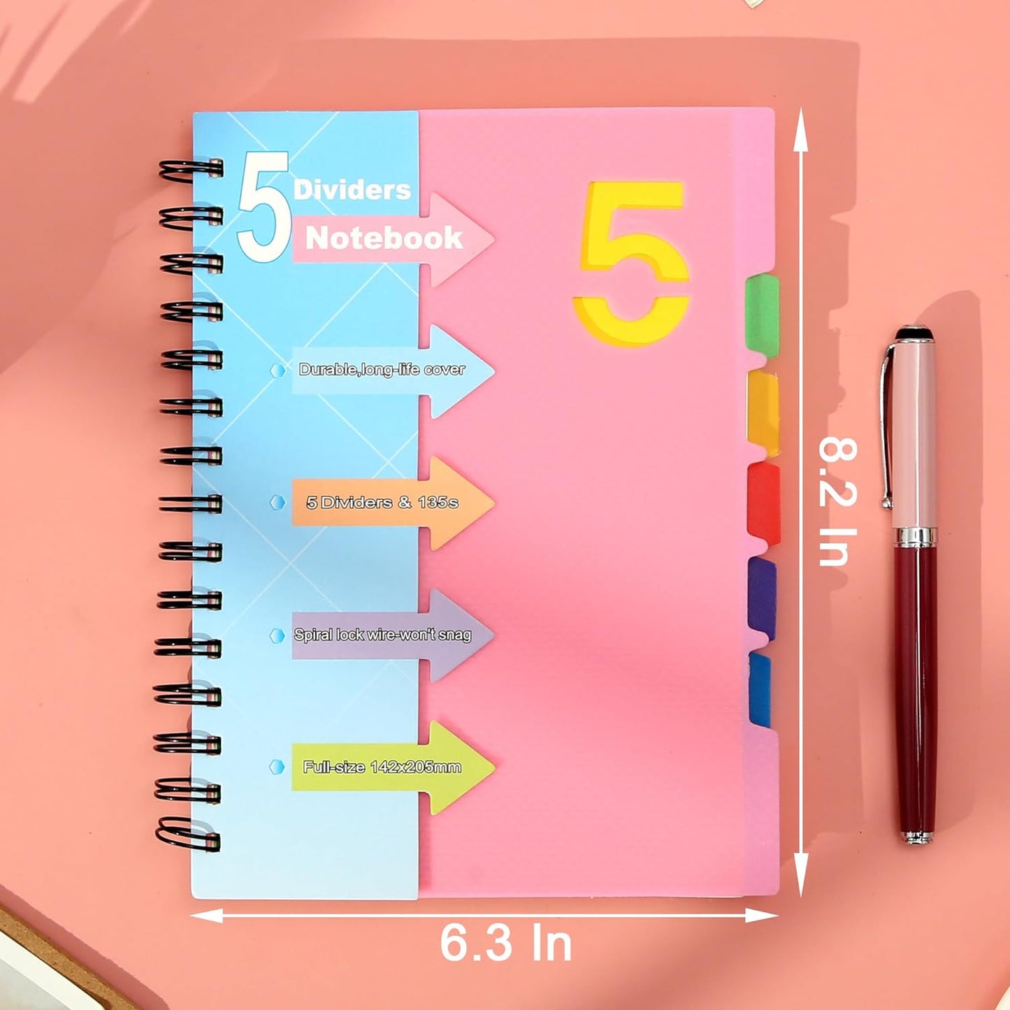 5 Subject Notebooks College Ruled Spiral Notebook 5X7 Hardcover Notebook with Divider Tabs 220 Pages Small Notebook for Work A5 Pink Spiral Notebook College Ruled Notebook for Note Taking School