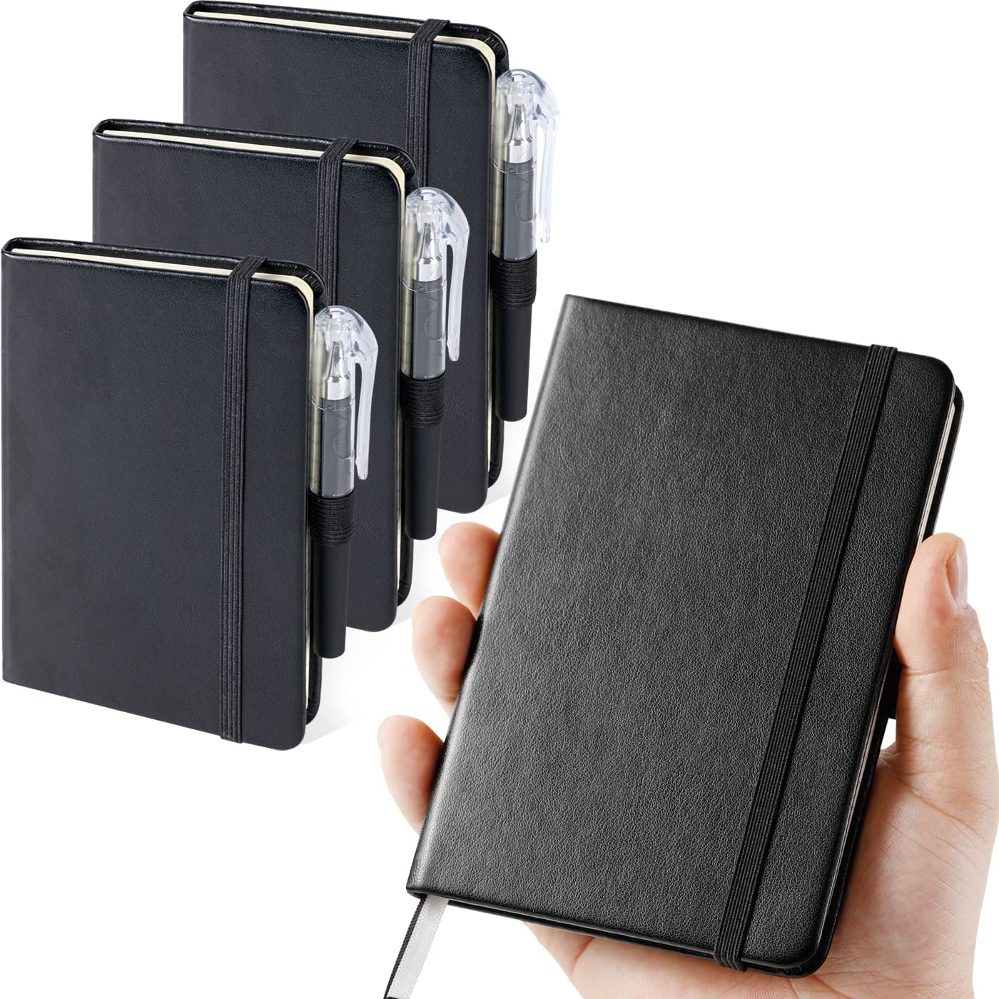 (3 Pack) Pocket Notebook Journal, Hardcover Small Mini Notebooks with Pens for Work, 3.7" X 5.7" A6 Notebook College Ruled with 100Gsm Premium Thick Lined Paper, Black Leather