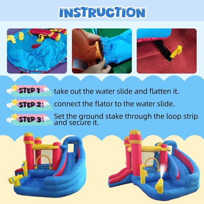 Inflatable Water Slide Bounce House for Kids, 6-In-1 Backyard Water Park with Splash Pool, Climbing Wall, Basketball Hoop, Water Cannon, Air Blower Summer Party Gift