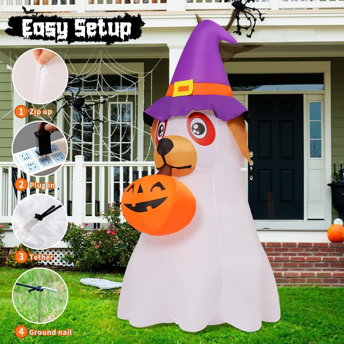 6.2 FT Halloween Inflatables Dog Outdoor Decorations Blow up Yard Cute Puppy Ghost with Pumpkin with Built-In Leds for Indoor Party Garden Lawn Holiday Decor