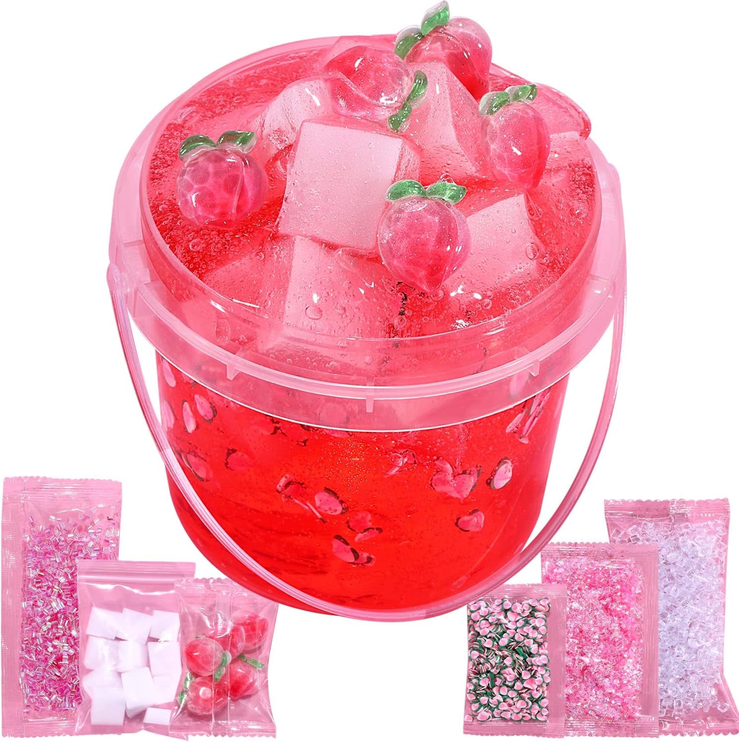 Premade Crystal Slime Peach Pink Jelly Cube Glimmer Crunchy Slime, Includes 6 Sets of Slime Add-Ins, Party Favors for Kids, Sensory and Tactile Stimulation, Stress Relief, for Girls & Boys