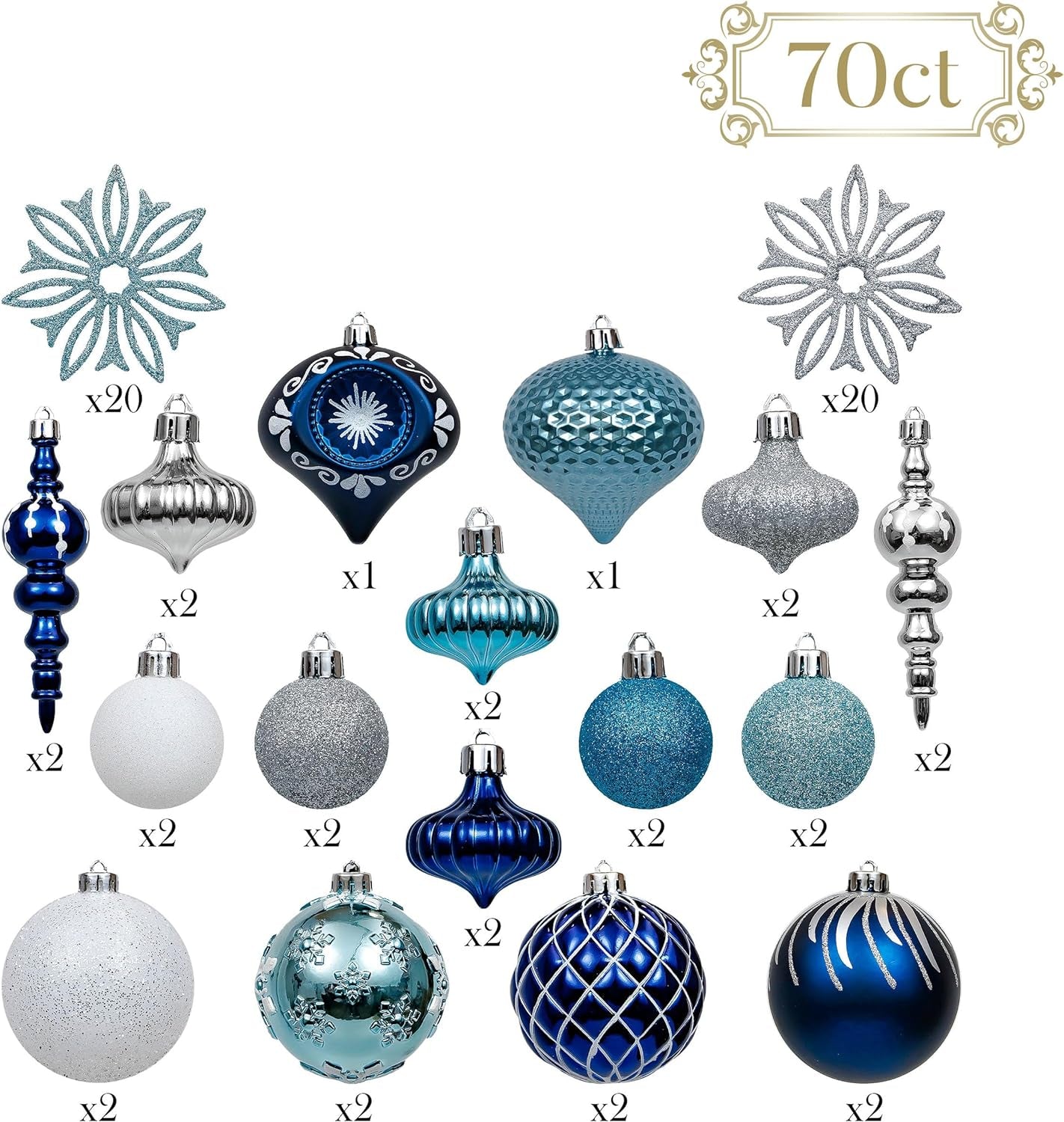 Christmas Ornaments Set, 70Ct Navy Blue and Silver Shatterproof Christmas Tree Decorations Ball Ornaments Bulk, Winter Wonderland Hanging Ornaments for Xmas Trees Holiday Decor