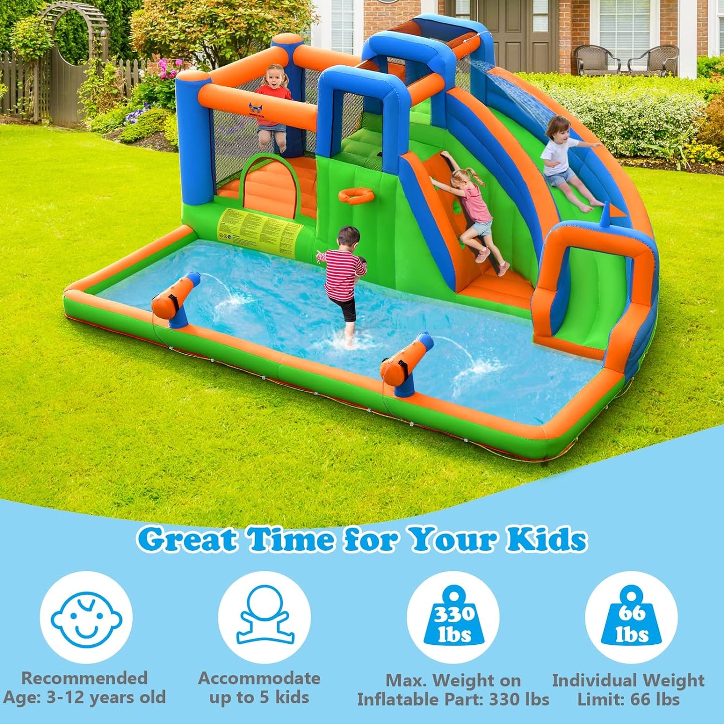 Inflatable Water Slide, 7 in 1 Mega Water Park Bounce House Waterslide Combo for Outdoor Fun W/735W Blower, Climbing Walls, Blow up Water Slides Inflatables for Kids and Adults Backyard Gifts