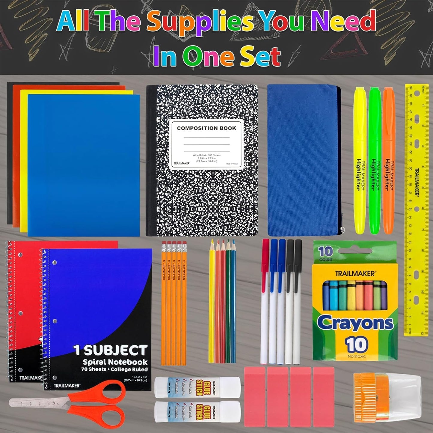 45 Piece School Supply Kit Grades K-12 - School Essentials Includes Folders Notebooks Pencils Pens and Much More!