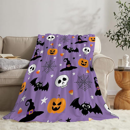 Halloween Blanket Decor Throw Blanket Warm Cozy Pumpkin Skull Spider Webs Witch'S Hat Black Bat Blanket Funny Purple Halloween Bedding Blanket for Boys Girls Kids Women Bed 60"X80"