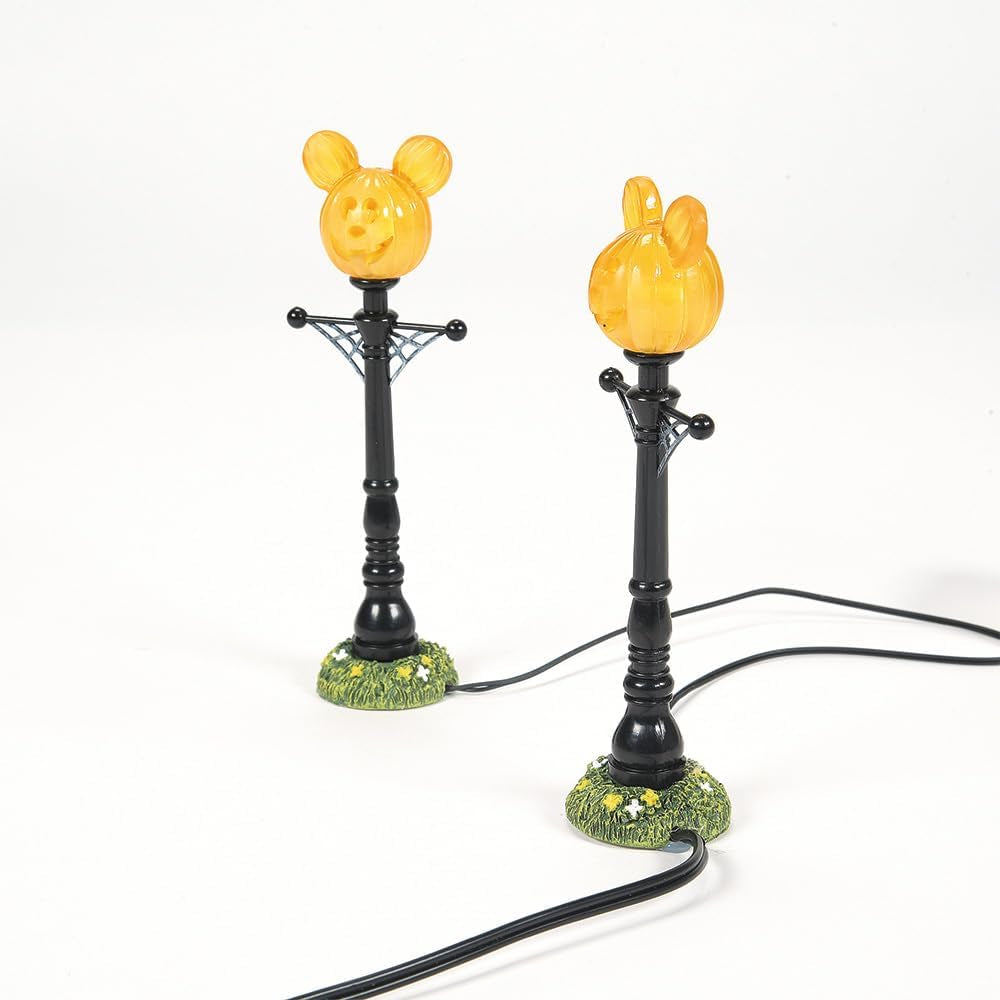 Disney Village Halloween Accessories Pumpkintown Mickey Mouse Street Lights Lit Figurine Set, 4.625 Inch, Multicolor