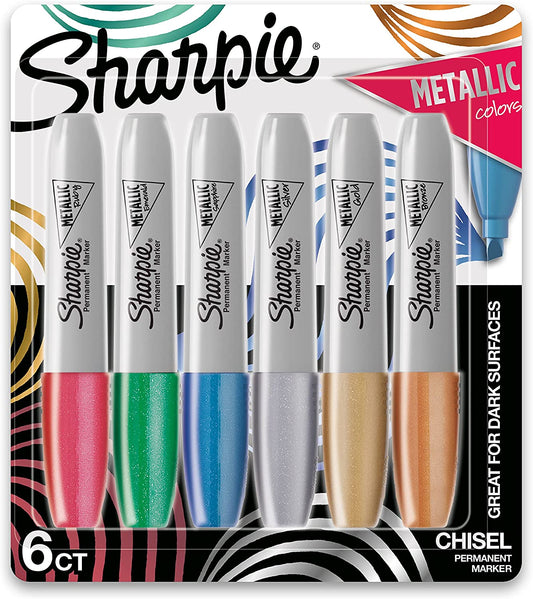 Metallic Permanent Markers, Chisel Tip, Assorted Colors, 6 Count