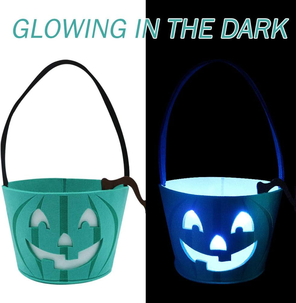 Light up Teal Pumpkin Halloween Felt Trick or Treat Bucket, with Blue LED Lights, Halloween Party Favors, Halloween Snacks, Halloween Goodie Bags for Kids, Novlety Gifts