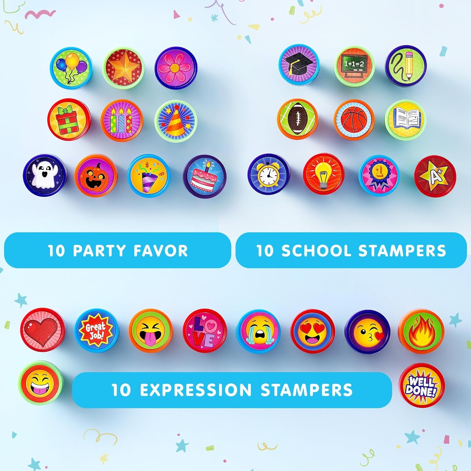 50 Pcs Assorted Stamps for Kids - Self-Ink Stamps with 50 Designs for Birthday Party Favor, Carnival Prizes, School Stampers, Goodie Bag, Halloween, Christmas (Zoo, Holiday Stampers)