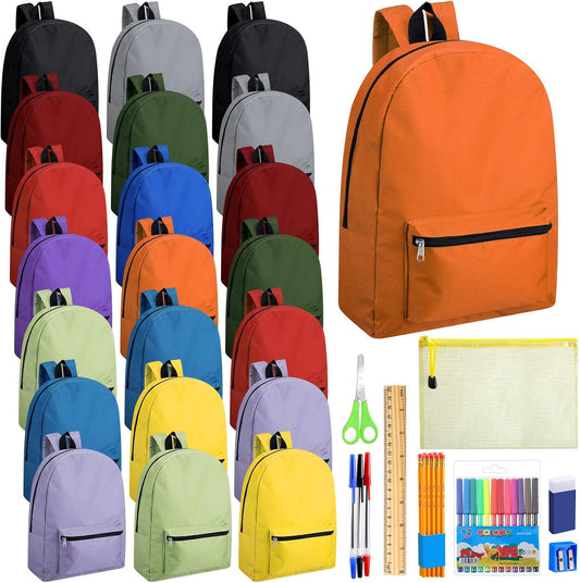 24 Pcs Backpack Bulk 17'' Book Bags and 24 Sets School Supplies Stationery Kit Back to School Stuff for Kids (Multicolor)