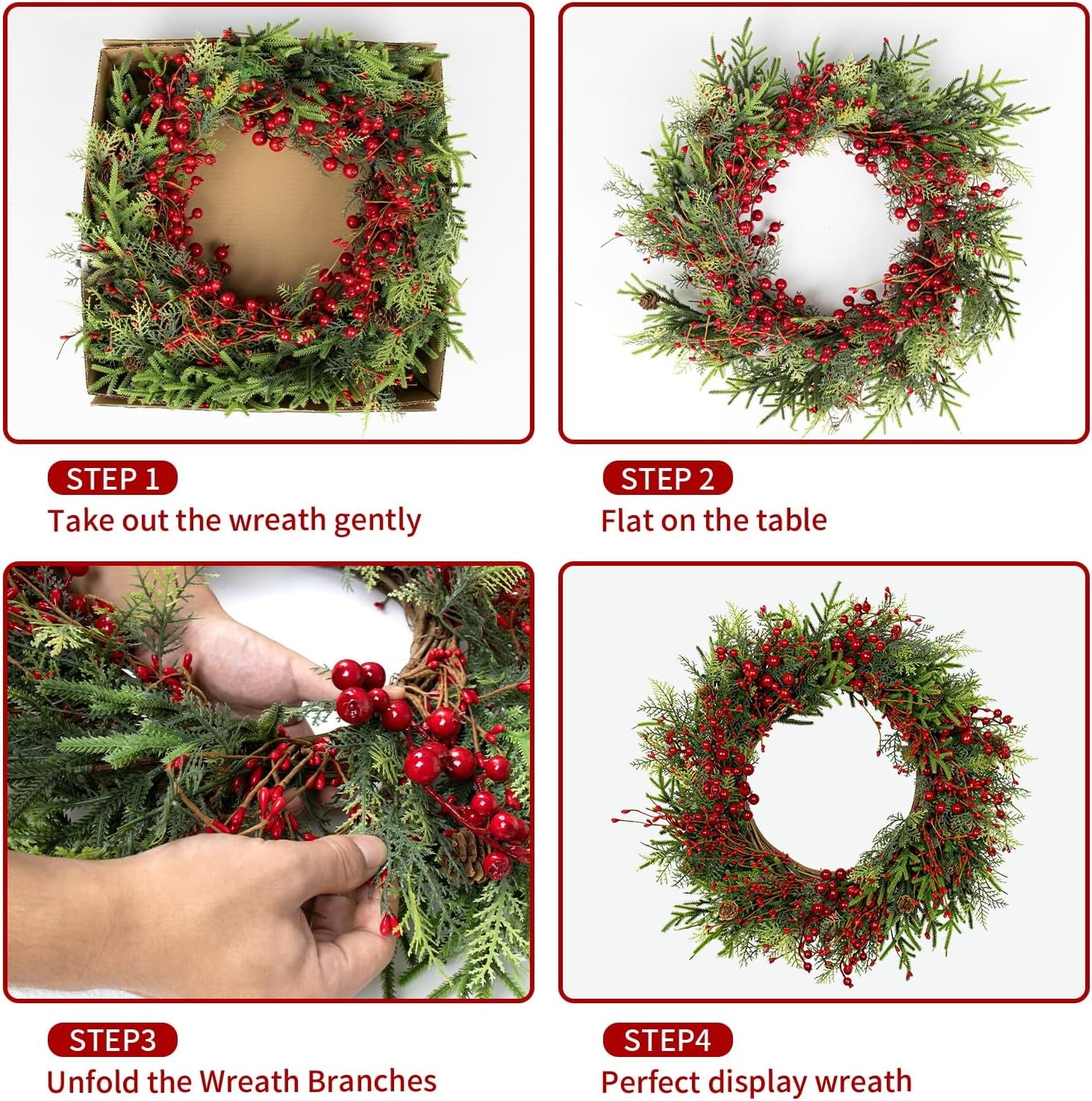 Artificial Christmas Wreath 22 Inch Christmas Wreaths for Front Door Large Winter Wreath with Pine Cones White Berries for Outdoor Indoor Holiday Xmas Celebration (White)