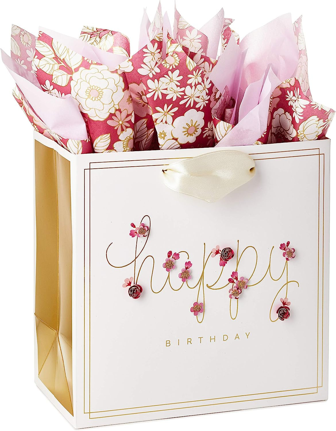 Signature 7" Medium Birthday Gift Bag with Tissue Paper (Pink Flowers)