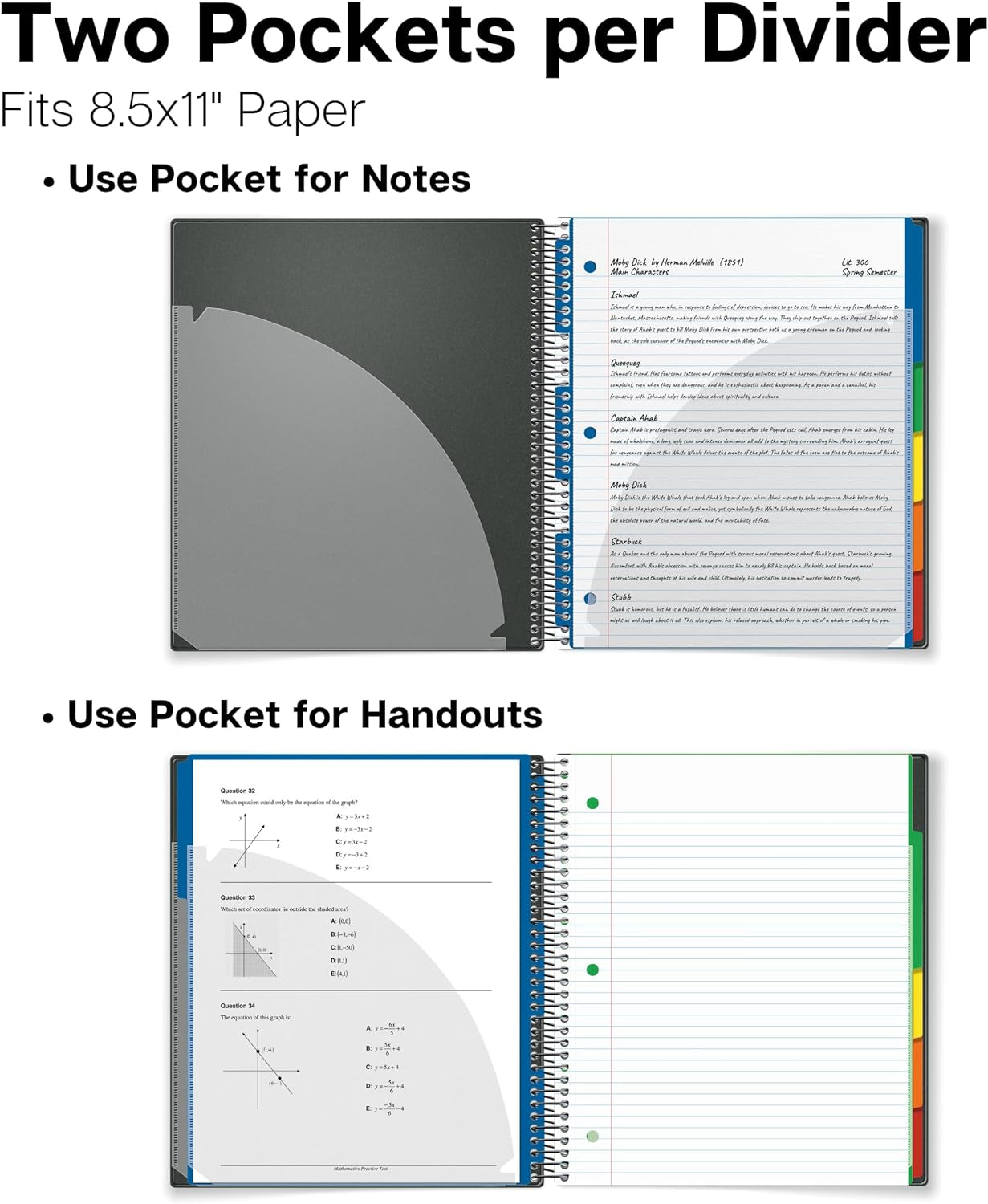 5-Subject Notebook College Ruled 8.5 X 11, 200 Sheets (400 Pages), Spiral Notebook 8.5X11 with Tabs, Movable Pocket Dividers, Front/Back Plastic Covers, Multi Subject Notebook