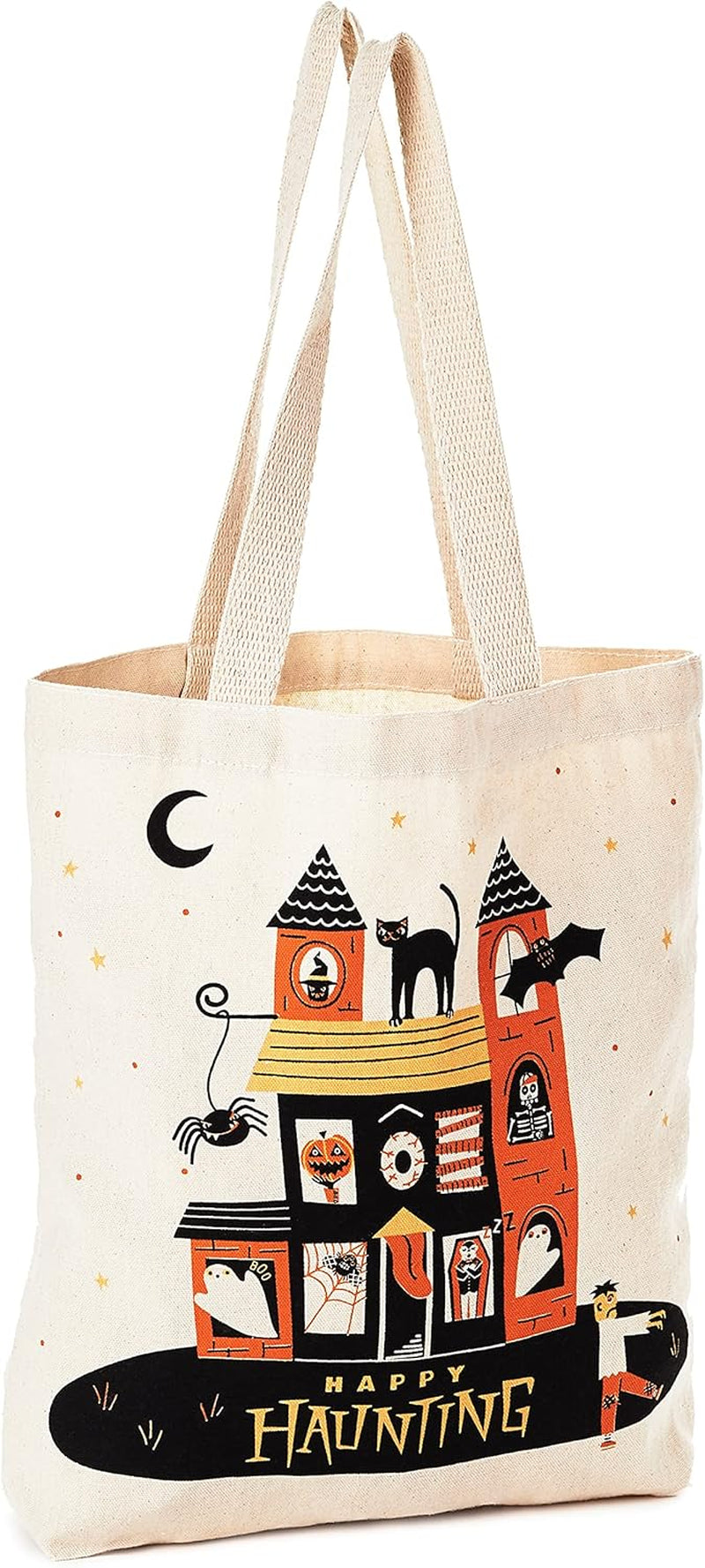 13" Large Halloween Tote Bag (Happy Haunting Haunted House) Reusable Canvas Bag for Trick or Treating, Grocery Shopping and More