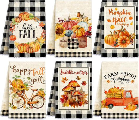 6Pcs Hello Fall Thanksgiving Dish Towels Set Black and White Checkered Kitchen Towels Vintage Pumpkin Truck Biker Hand Towels Farmhouse Buffalo Plaid Tea Towel Set for Home Kitchen Cooking