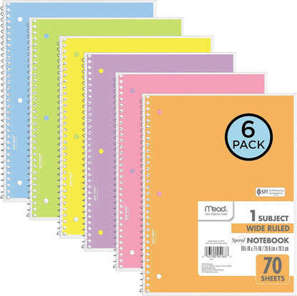 Spiral Notebooks, 6 Pack, 1-Subject, Wide Ruled Paper, 8" X 10-1/2", 70 Sheets, Assorted Pastel Colors (930050-ECM)