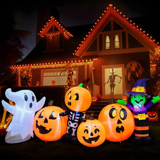 Halloween Inflatable 8 Ft Long Three Halloween Characters and Pumpkin Patch Blow up Inflatables with Build-In Leds for Halloween Party Indoor, Outdoor Yard Lawn Garden Decorations