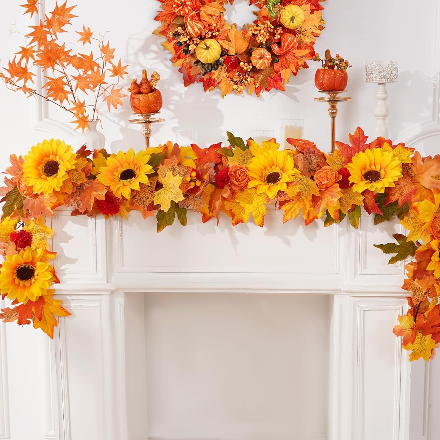 Fall Decor Fall Garland, 5.9 Ft/Piece Fall Garland for Mantle, Fall Garland with Lights Sunflower Maple Leaves Peony Marigold for Home Indoor Outdoor Decor