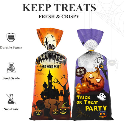 Halloween Treat Bags | 50 Pcs Cellophane Bags with Fun Scary Designs | Pumpkins, Witches Cello Bags | Halloween Party Decorations, Spooky Trick or Treat Bags