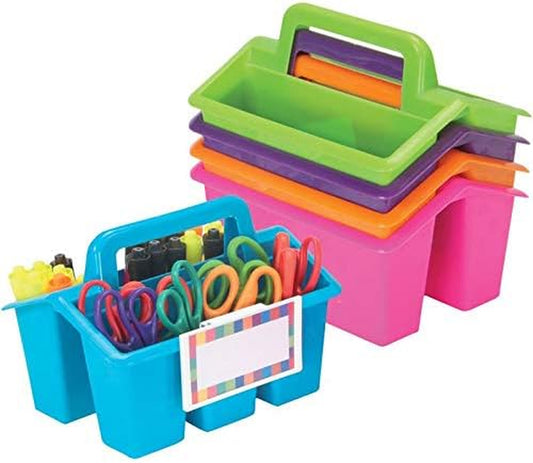 - 666141 Four-Compartment Caddies (Set of 5) – Neon – Perfect to Color-Code Tables, Group Work – Built-In Handles, Clip-On Label Holders – Stackable for Easy Storage