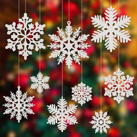 54Pcs White Snowflakes Christmas Tree Decoration, Glittering Plastic Snow Flake Ornaments, Hanging Snowflake for Indoor Winter Wonderland Decor