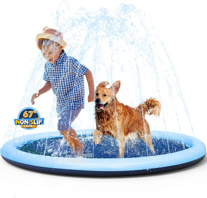 Non-Slip Splash Pad for Kids and Dog, Thicken Sprinkler Pool Summer Outdoor Water Toys - Fun Backyard Fountain Play Mat for Baby Girls Boys Children or Pet Dog (67 Inch, Blue&Blue)