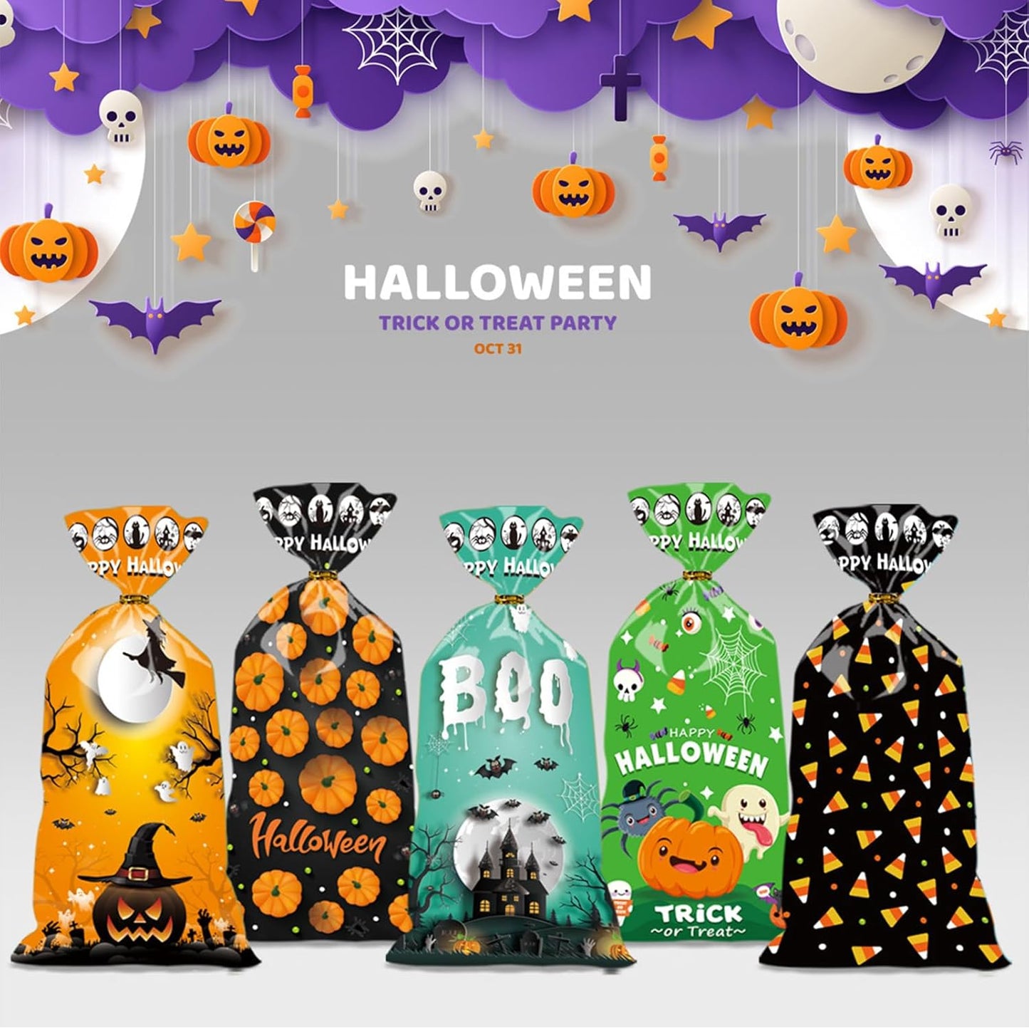 50 Pieces Halloween Treat Bags Trick or Treat Cellophane Plastic Candy Goodie Favor Bags with 50 Pieces Twist Ties for Kids Halloween Party Supplies, Pattern 03