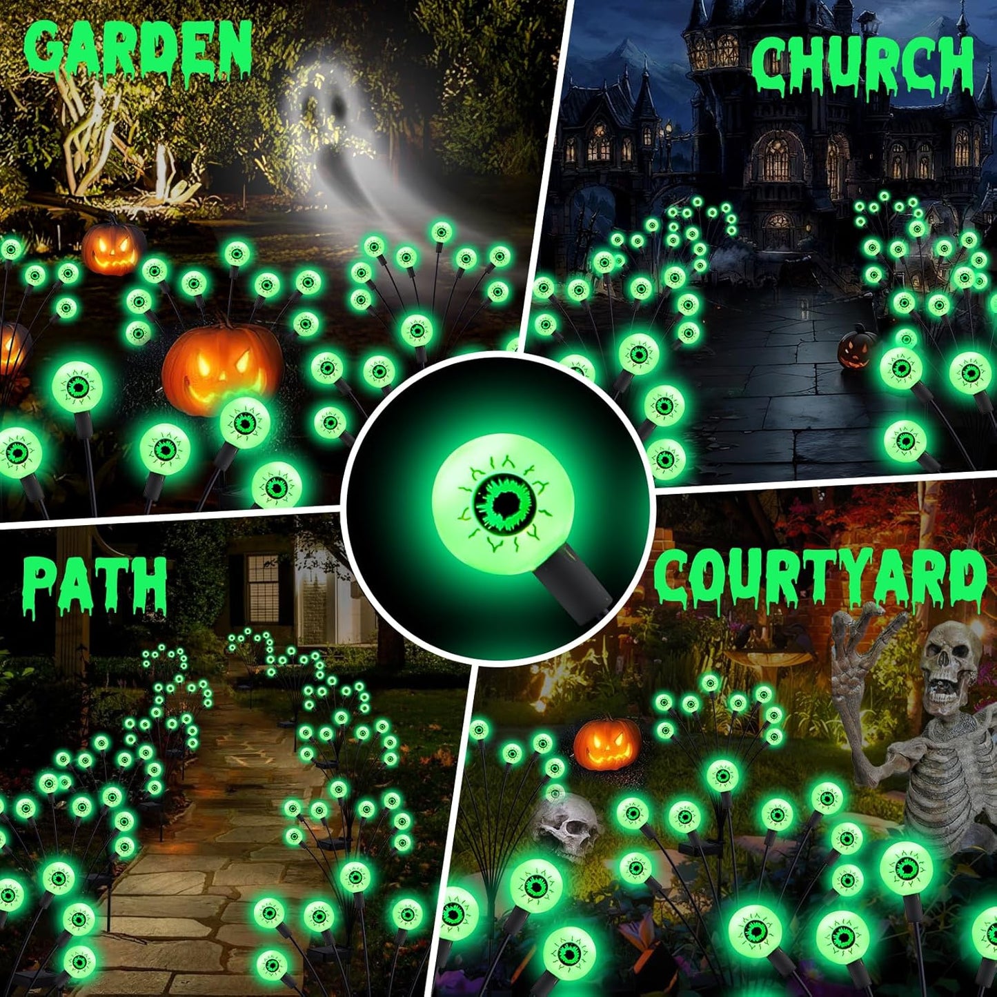 Halloween Decorations Outdoor Solar Scary Eyeball Lights, 4Pack 32Leds Green Eyeball Swaying Solar Firefly Lights, Waterproof Solar Halloween Path Lights for Garden/Yard/Patio/Party Decor