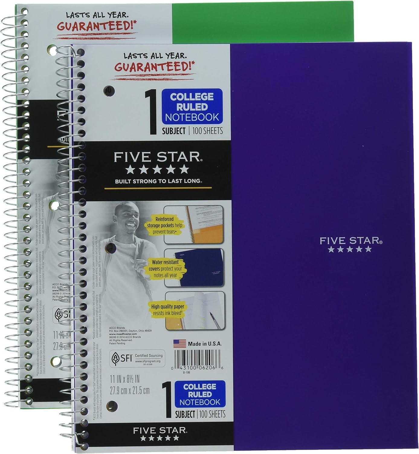 Spiral Notebooks + Study App, 2 Pack, 1 Subject, College Ruled Paper, 200 Sheets, 11" X 8-1/2", White, Amethyst Purple (820186-ECM)