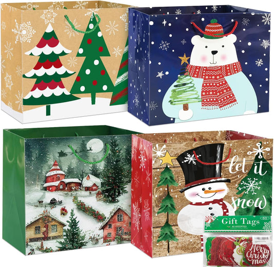 12 Extra Large Christmas Gift Paper Bags Bulk with Handles and 60 Count Christmas Gift Tags-6 Designs Jumbo Oversized Sacks Set for Wrapping Gaint Xmas Holiday Presents