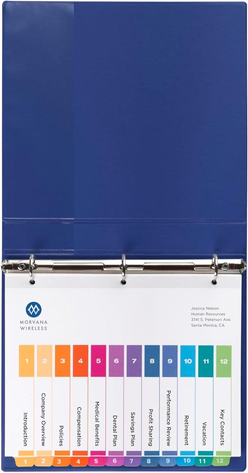 12 Tab Dividers for 3 Ring Binders, Customizable Table of Contents, Multicolor Tabs, 6 Sets (11196)