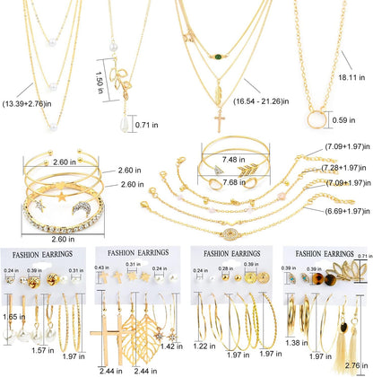 38 PCS Gold Jewelry Set with 4 PCS Necklace,10 PCS Bracelet,24 PCS Layered Ball Dangle Hoop Stud Earrings for Women Girls Fashion and Valentine Birthday Party Gift